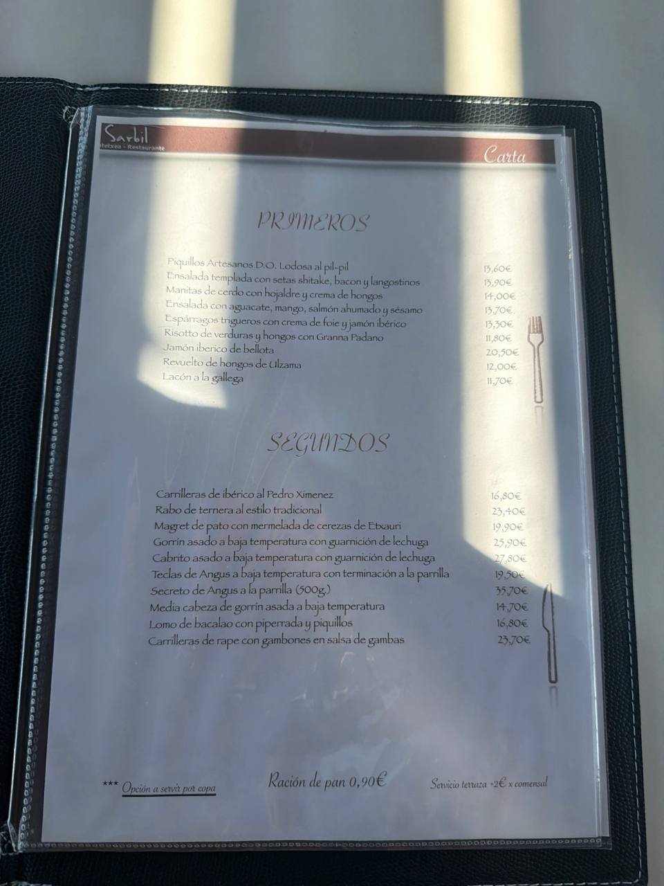 Original printed Restaurante Sarbil menu photographed today at the table